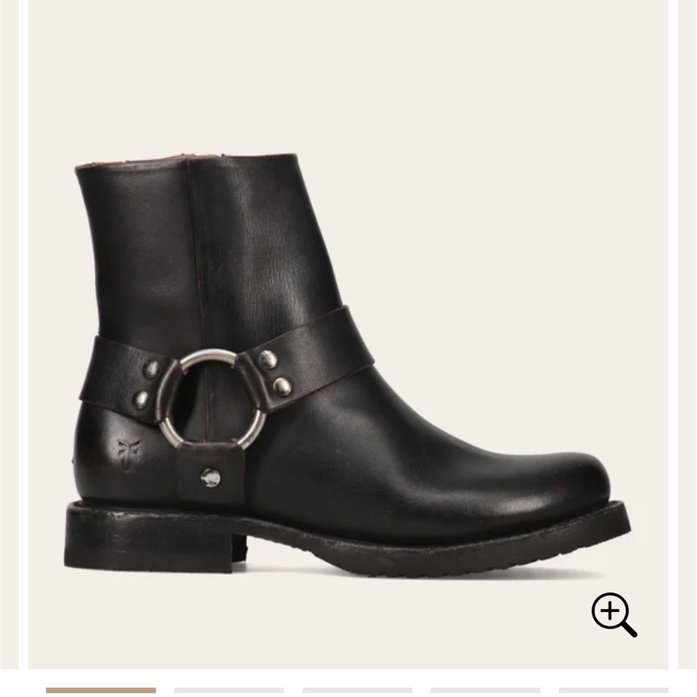 Frye Black Leather Harness Ankle Boot with Metal Ring